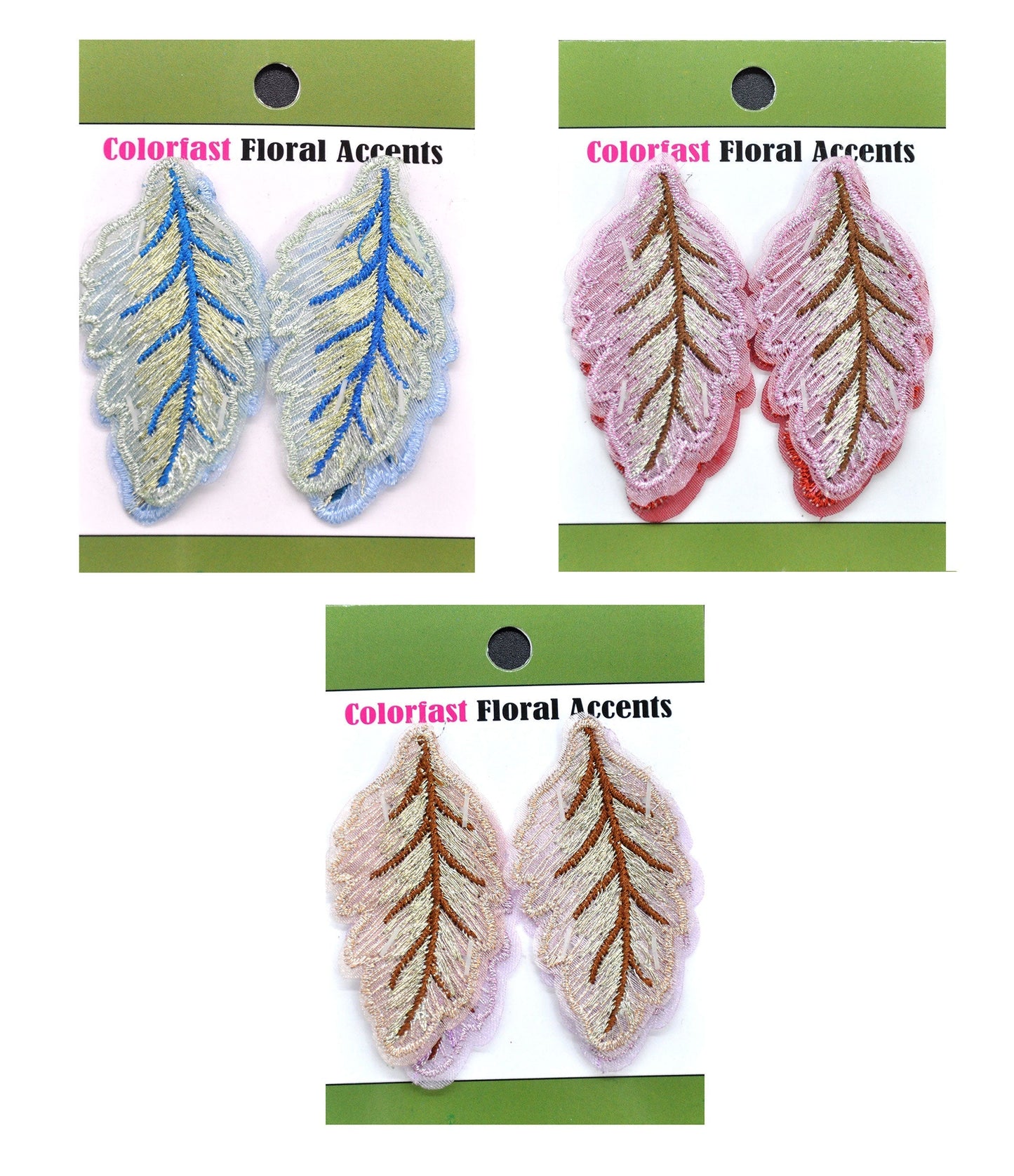 Belagio Enterprises - 1 1/4" Embroidered Leaf Appliques - 2pcs Per Card (6 Cards Per Order) - BPP-M3-03 Blue & Green
