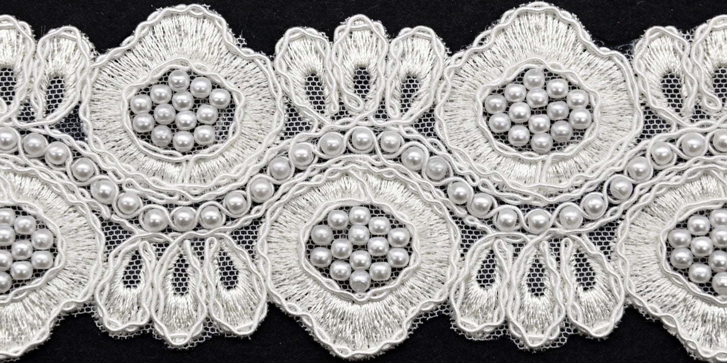 Belagio Enterprises - 2 1/2" Width Embroidered Lace Trim with Pearls (15 Yard Roll) - BTP-1808-27 White