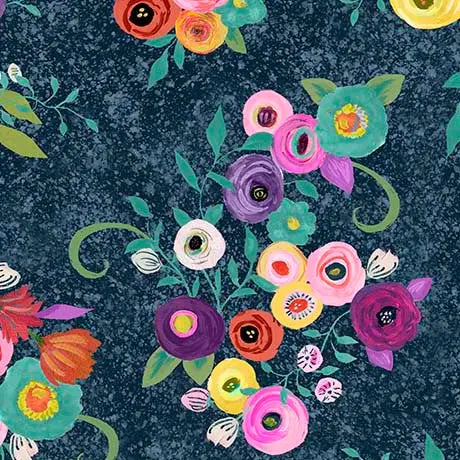 Blue Navy Watercolor Floral Toss Cotton 44"/45" Fabric Per Yard