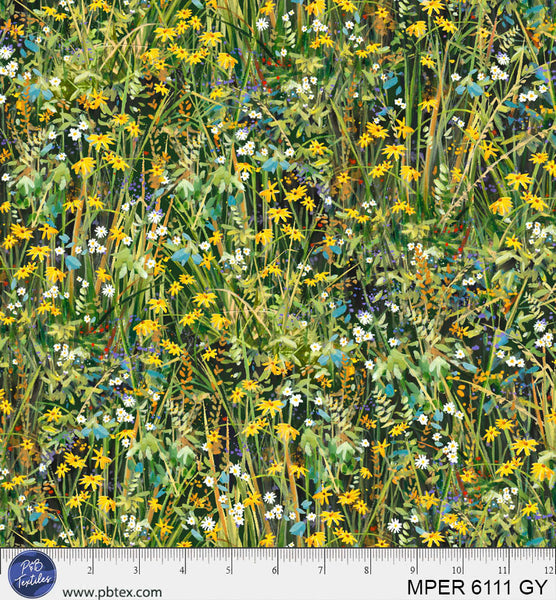 Green / Yellow Floral Meadow Perch MPER-6111-GY Cotton 44/45 Fabric Per Yard