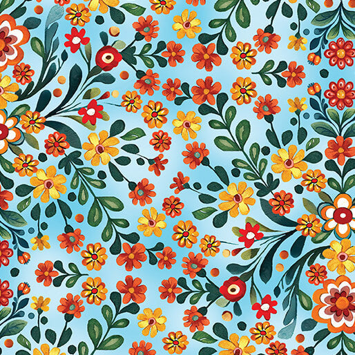 Multi Blue Folklore Garden Sky Cotton 44"/45" Fabric Per Yard