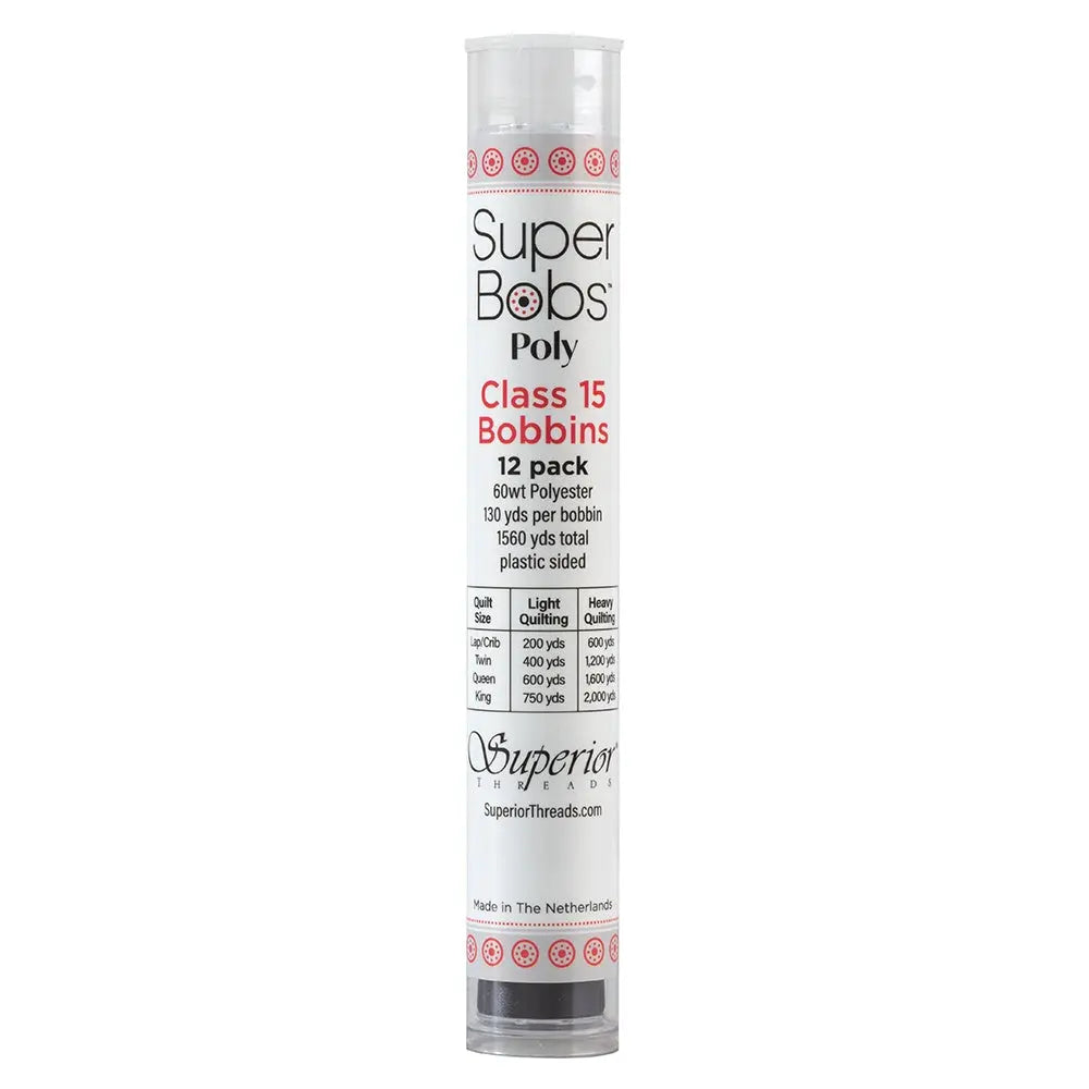 Super Bobs Poly Monochrome (Class 15) 12 pack pre-wound bobbins.