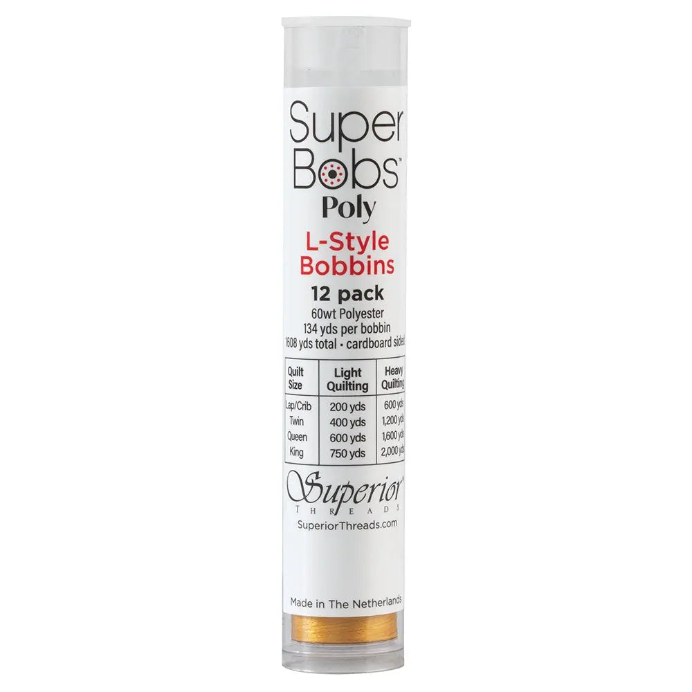 Super Bobs Poly #602 Gold (L-Style) 12 pack pre-wound bobbins.