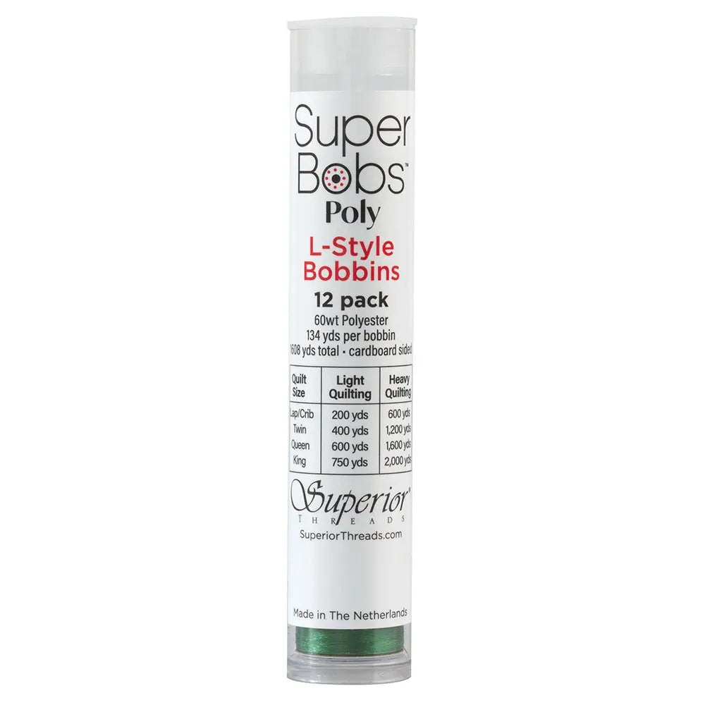 Super Bobs Poly #612 Green (L-Style) 12 pack pre-wound bobbins.