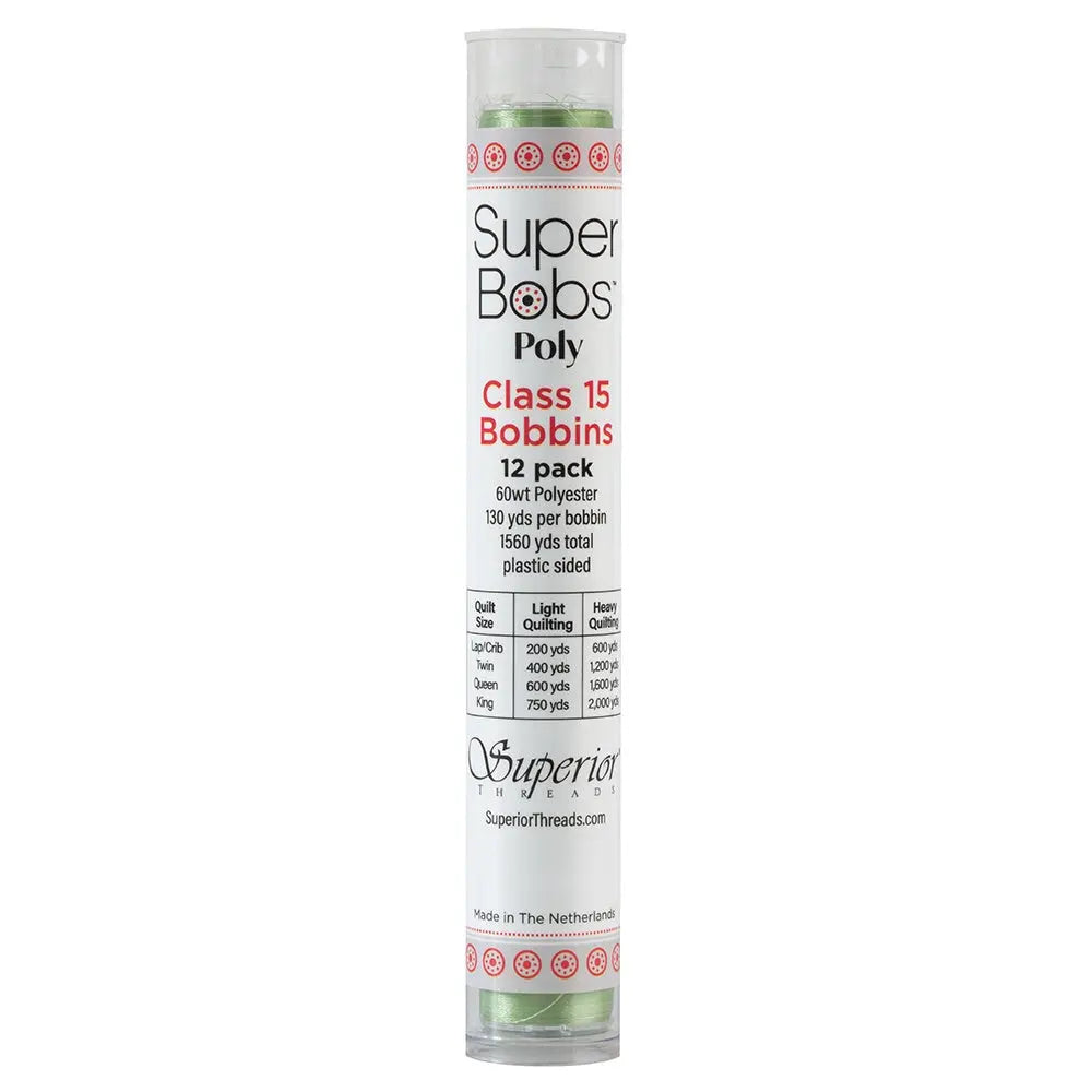 Super Bobs Poly #614 Light Green (Class 15) 12 pack pre-wound bobbins.