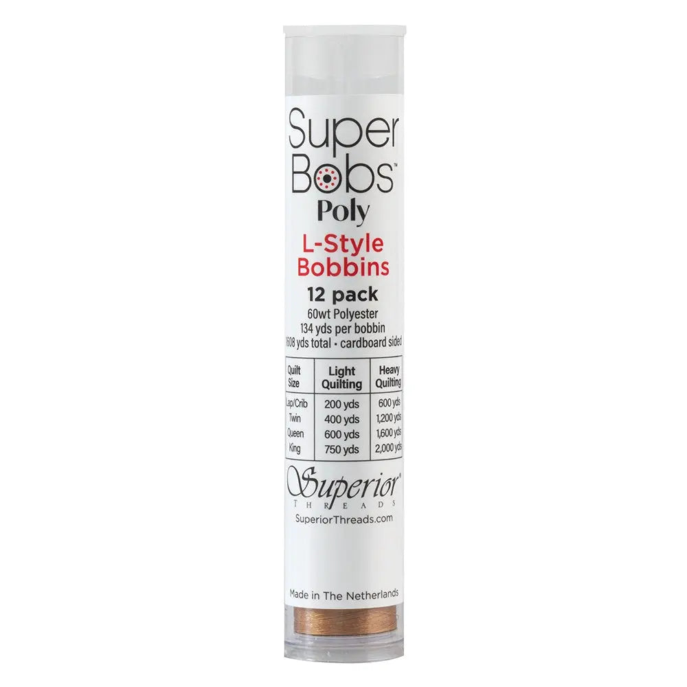 Super Bobs Poly #618 Medium Brown (L-Style) 12 pack pre-wound bobbins.