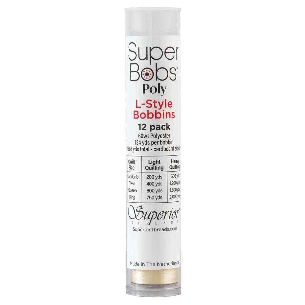 Super Bobs Poly #620 Cream (L-Style) 12 pack pre-wound bobbins.