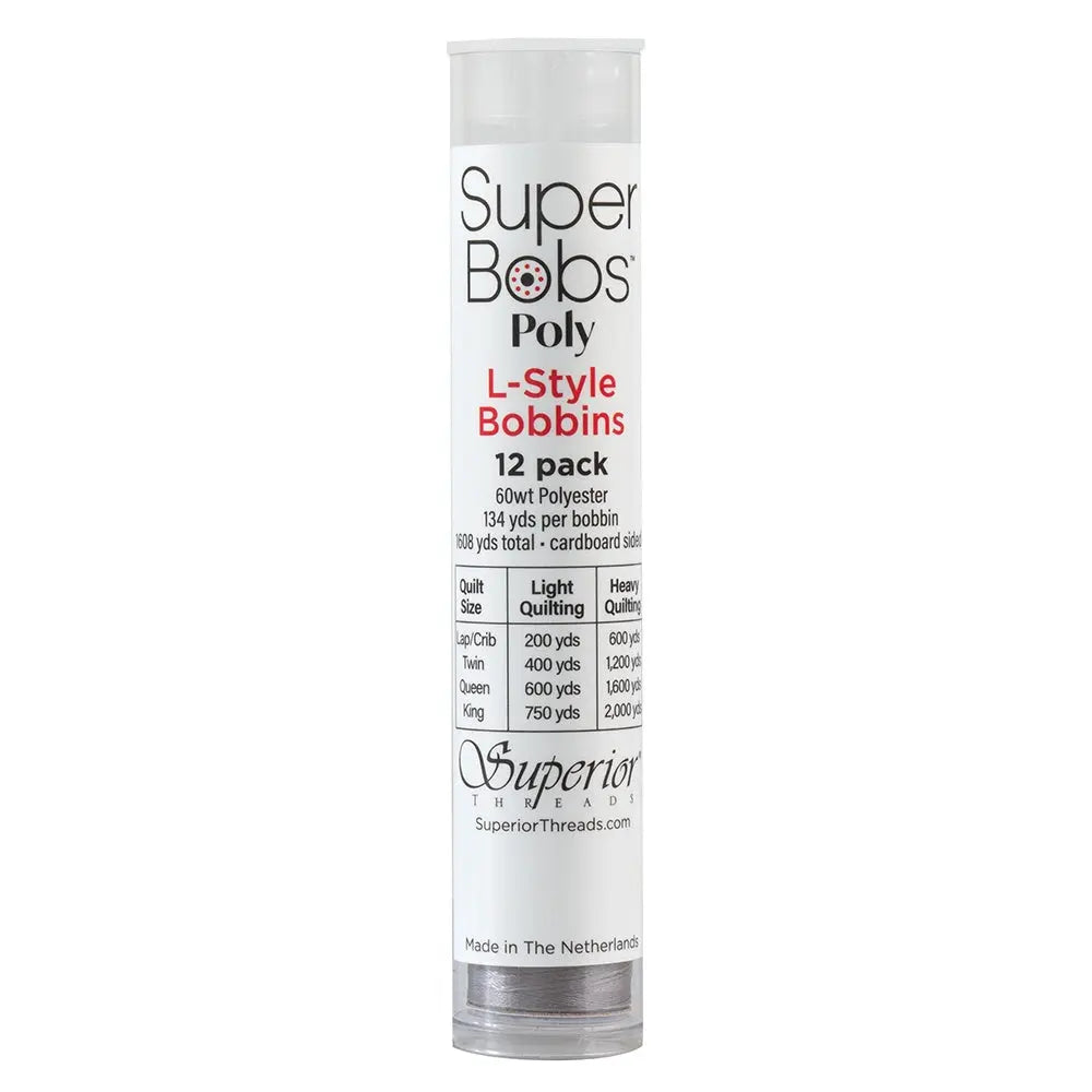 Super Bobs Poly #622 Gray (L-Style) 12 pack pre-wound bobbins.