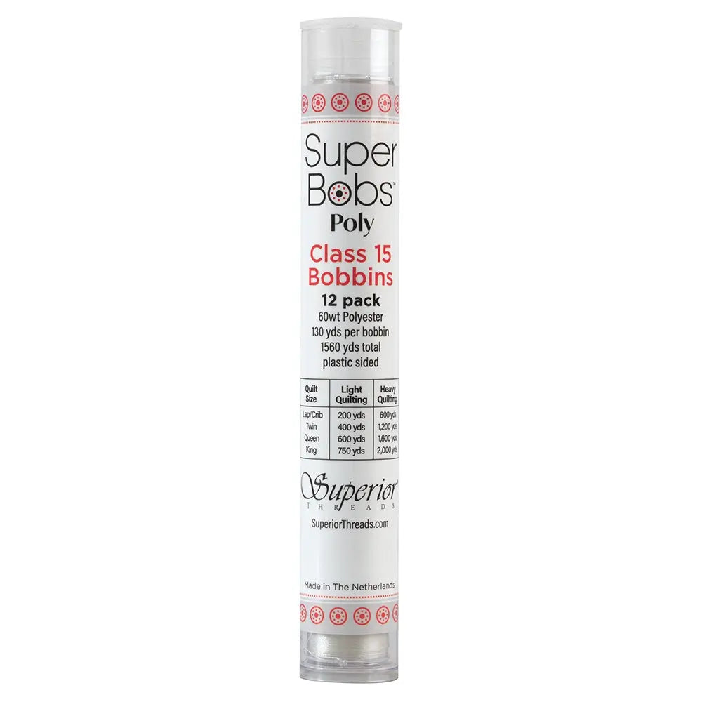 Super Bobs Poly #623 Silver (Class 15) 12 pack pre-wound bobbins.