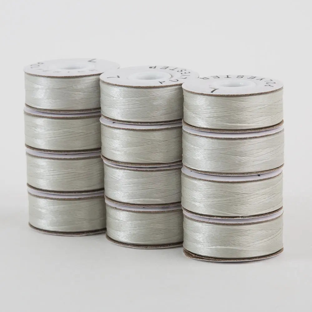 Super Bobs Poly #623 Silver (L-Style) 72 pack pre-wound bobbins.