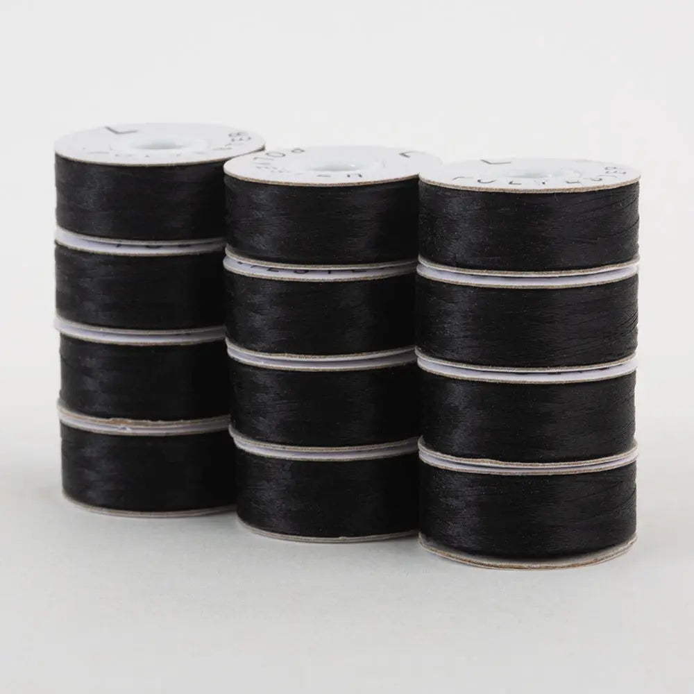 Super Bobs Poly #625 Black (L-Style) 72 pack pre-wound bobbins.