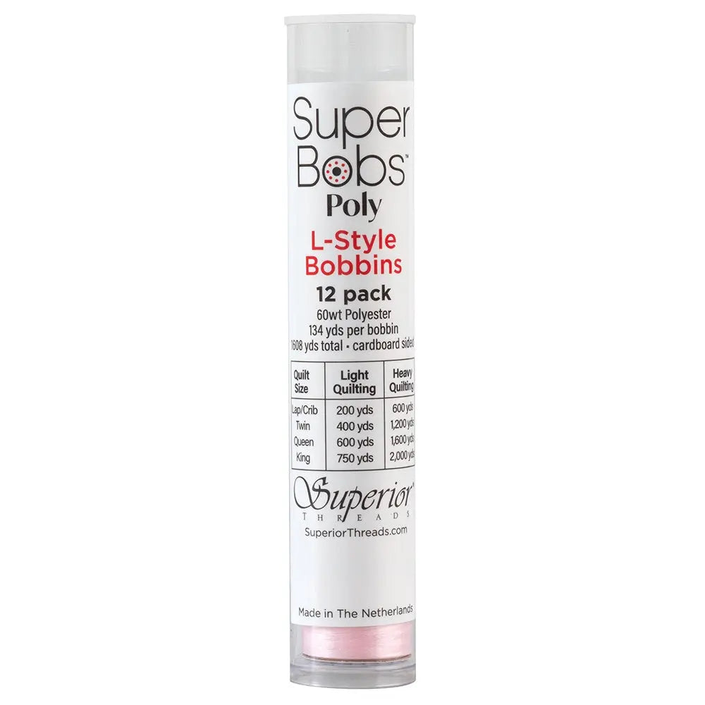 Super Bobs Poly #628 Baby Pink (L-Style) 12 pack pre-wound bobbins.