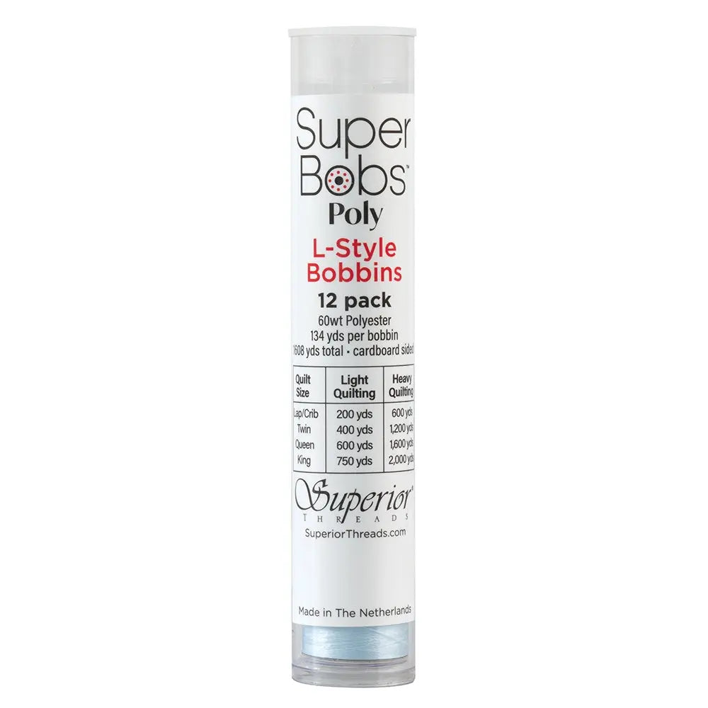 Super Bobs Poly #634 Baby Blue (L-Style) 12 pack pre-wound bobbins.
