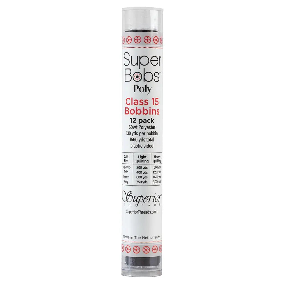 Super Bobs Poly #649 Dark Gray (Class 15) 12 pack pre-wound bobbins.