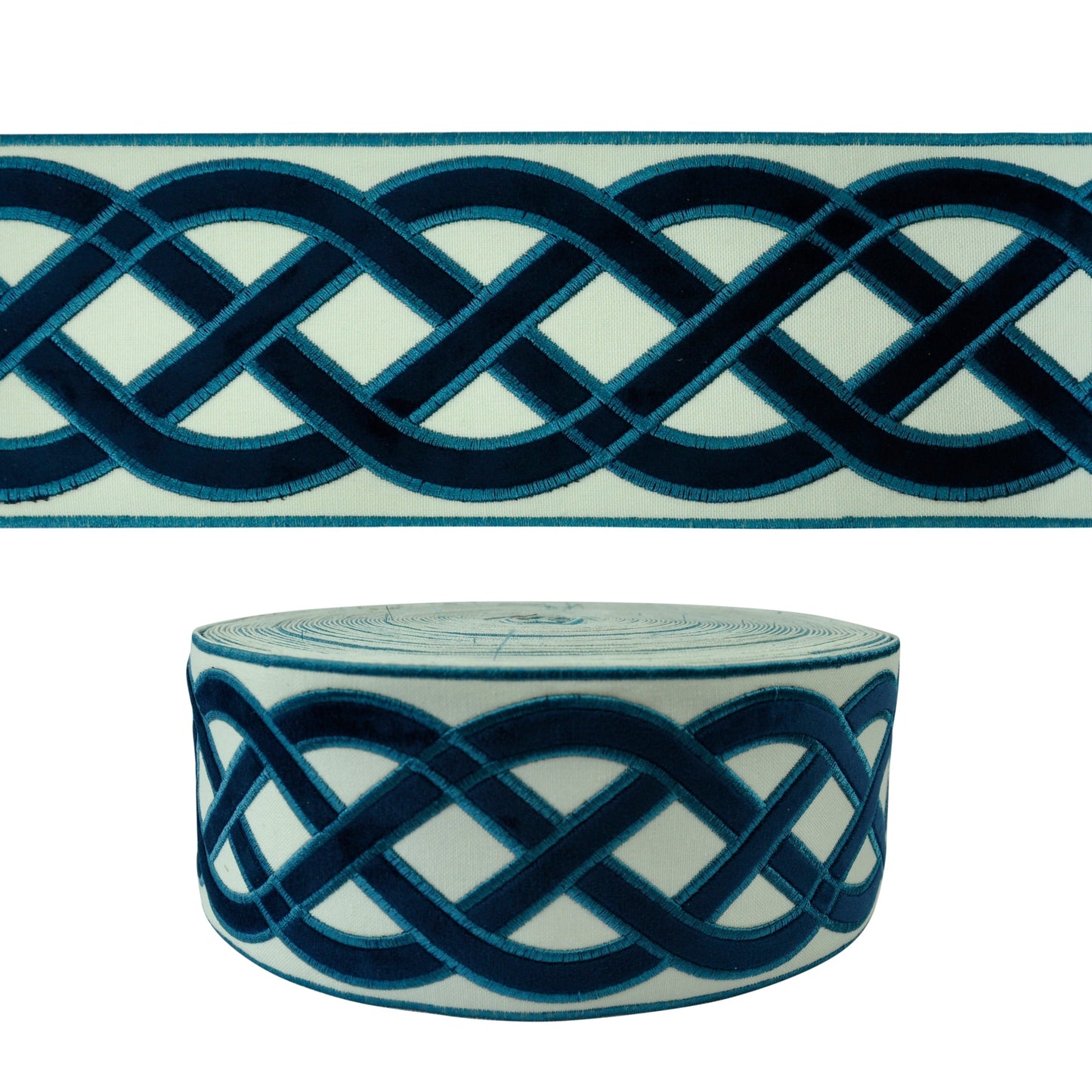 Velvet Embossed Decorative Trim Tape - 3 3/4" Width (25 Yard Roll) - BR-7526-05 Navy Blue/Beige