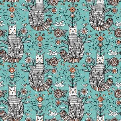 Whimsy Teal Cats 44"/45" Fabric Per Yard