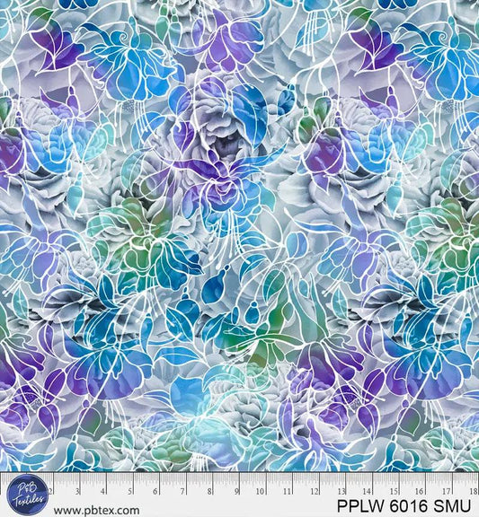 108" Petal Play Blue Purple Green Florals Cotton Wideback Fabric per yard