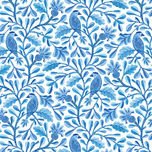 Blue Henri Birds and Branches Cotton 44/45 Fabric Per Yard