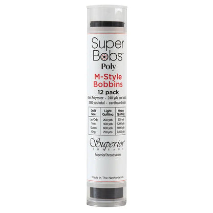 Super Bobs Poly #625 Black (M-Style) 12 pack pre-wound bobbins