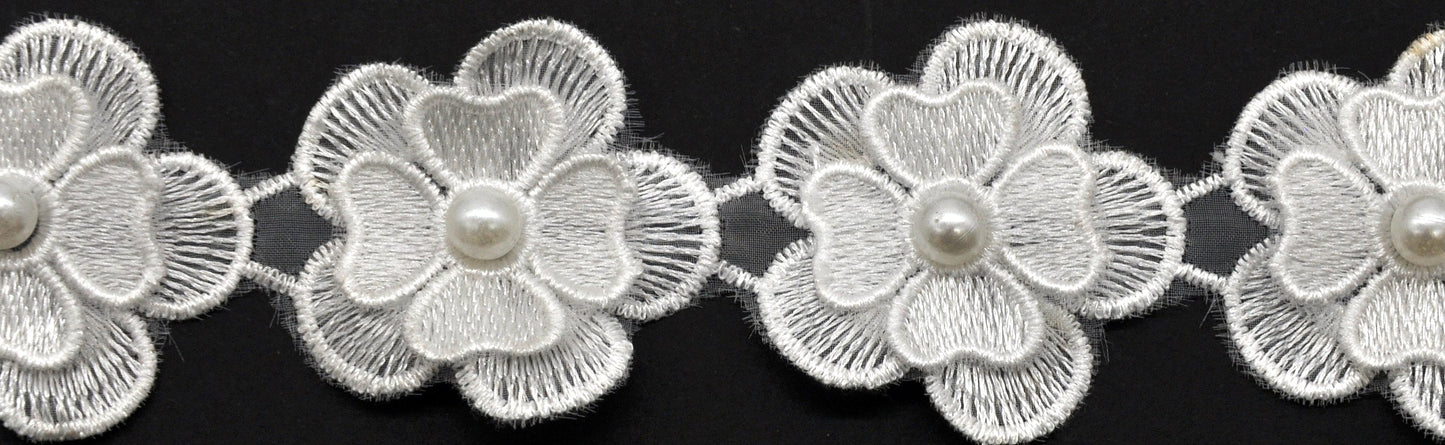Belagio Enterprises - 2" Width Flower Lace Trim with Pearl (10 Yard Roll) - BTP-1803-27 White
