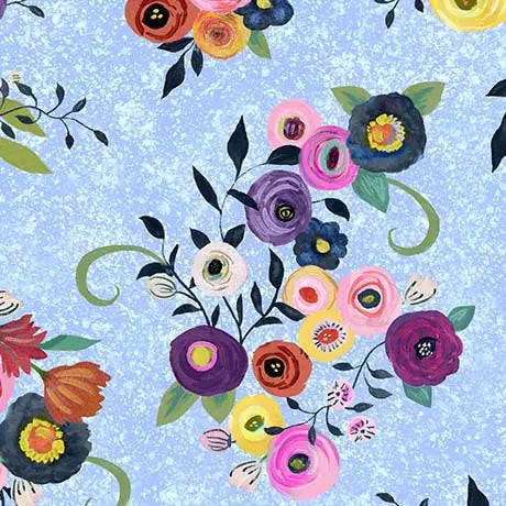 Blue Watercolor Floral Toss Cotton 44"/45" Fabric Per Yard