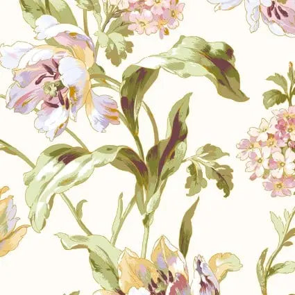 Cream Scrolling Tulips Cotton 43"/44" Fabric Per Yard
