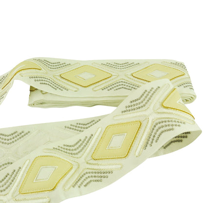 Embroidered Decorative Woven Trim Tape with Faux Leather Detail - 3" Width Diamond Design (25 Yard Roll)-BR-7536-24 Ivory