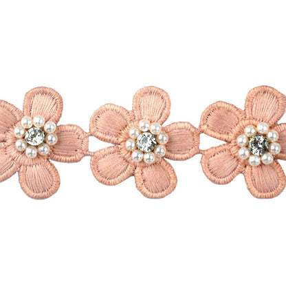 Flower Trim with Pearl Rhinestone - 1 1/2" Width (15 Yard Roll) - BFT-1200-20 Pink