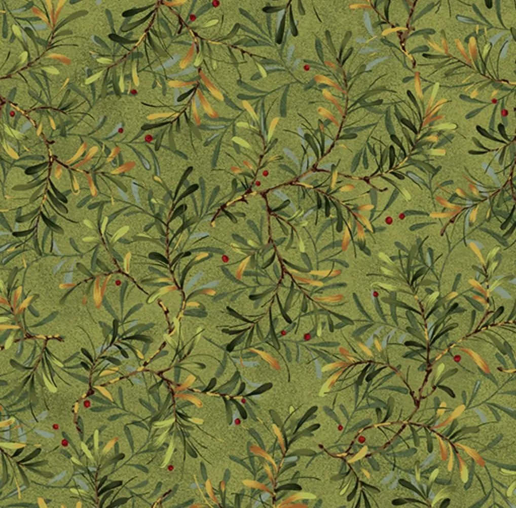 Green Pine Boughs Moss Cotton Wideback Fabric per yard