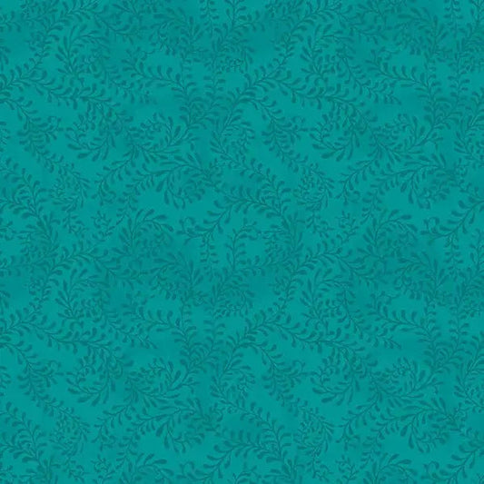Green Teal Swirling Leaves Cotton Wideback Fabric per yard