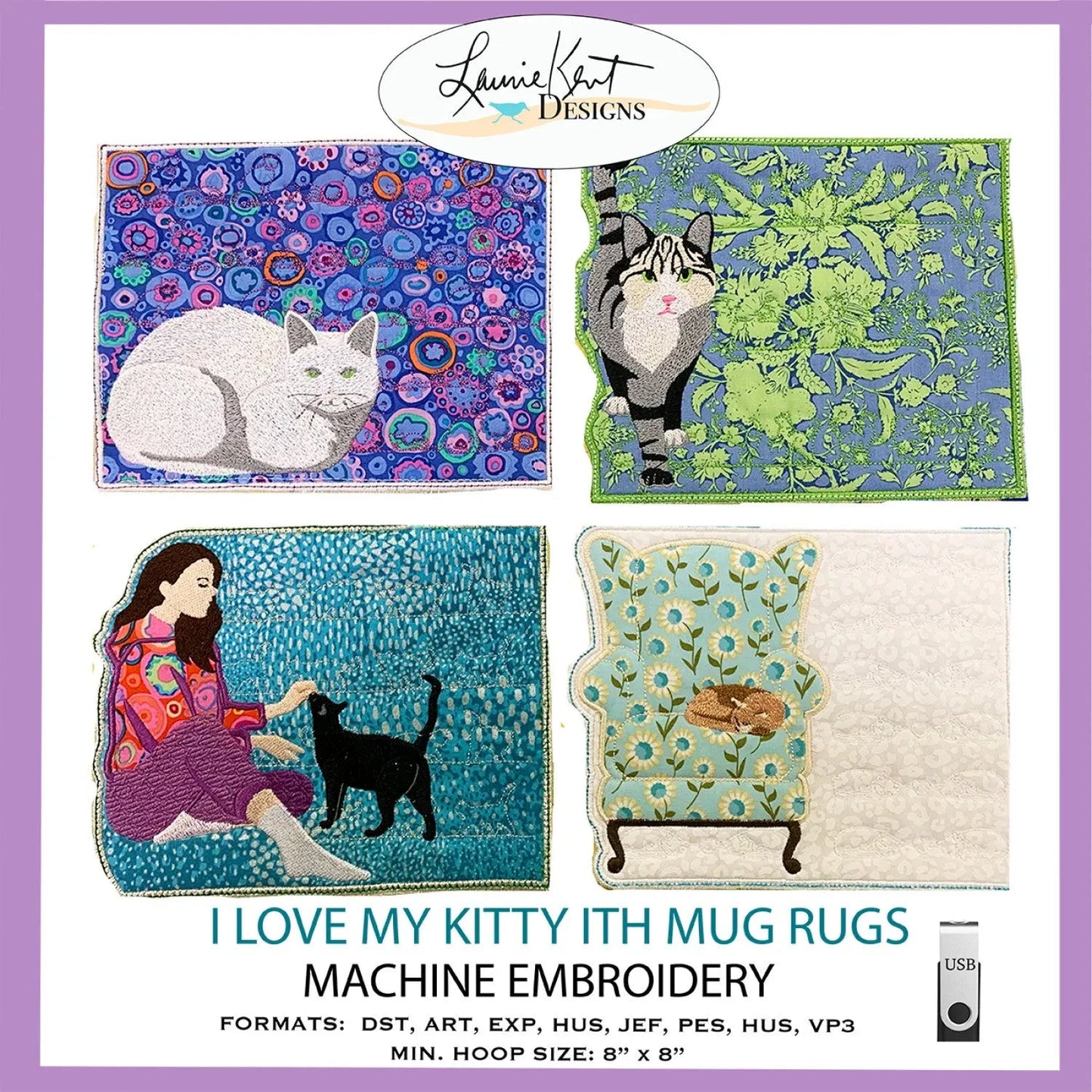 I Love My Kitty Mug Rugs ITH Embroidery Pattern