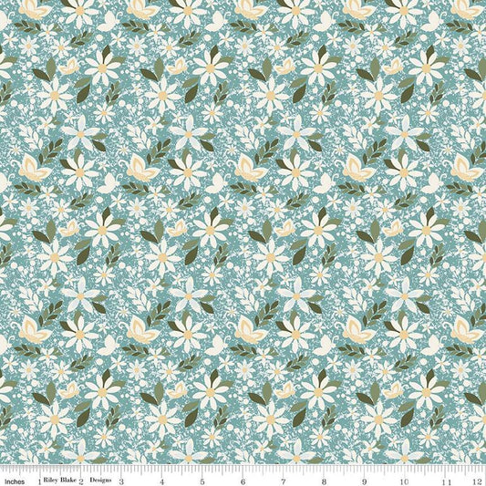 Juju's Petals Dance Teal Cotton 43"/44" Fabric Per Yard
