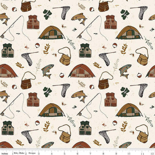 Let's Wander Gone Fishing Cream Cotton 43"/44" Fabric Per Yard