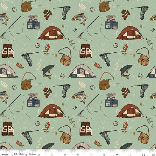 Let's Wander Gone Fishing Sage Cotton 43"/44" Fabric Per Yard