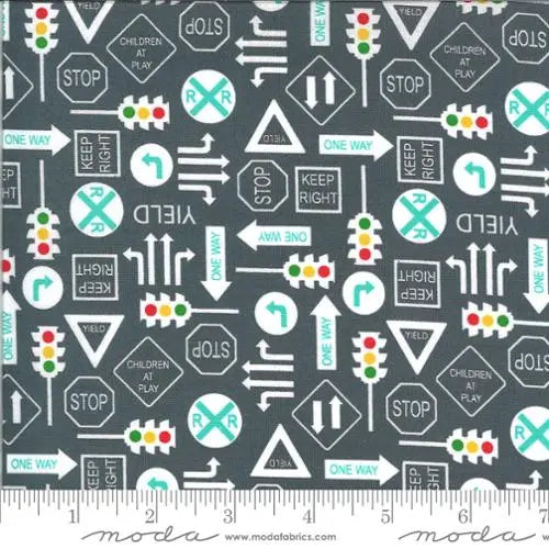 On The Go Grey Traffic Signs Asphalt 44"/45" Fabric Per Yard