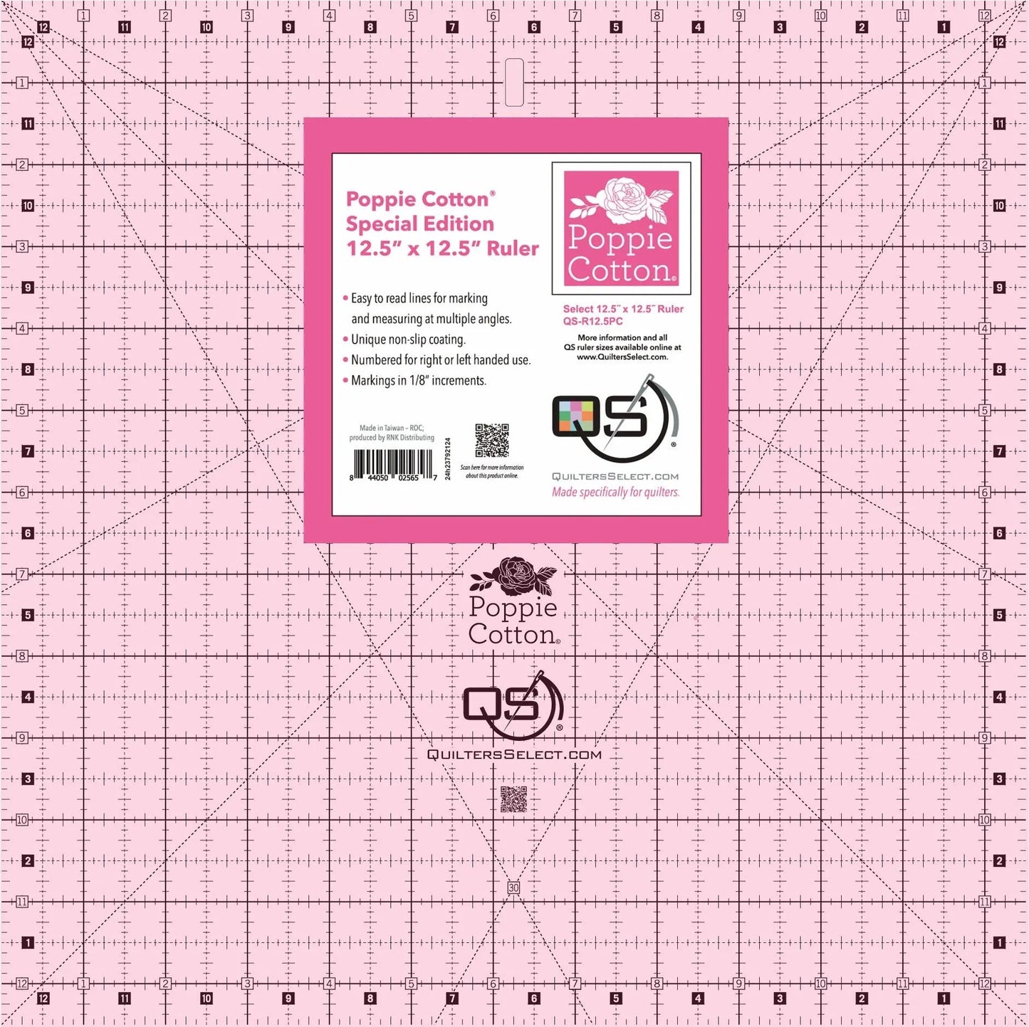 Quilters Select Poppie Cotton 12.5" x 12.5" Pink Non-Slip Ruler