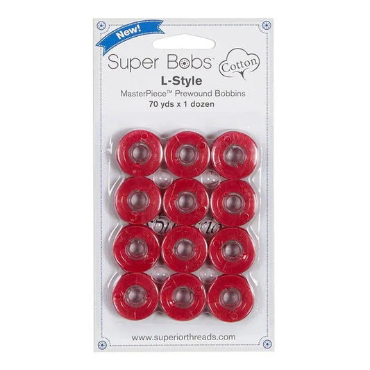 Super Bobs Cotton #117 Smart Alex (L-Style) 12 pack pre-wound bobbins.