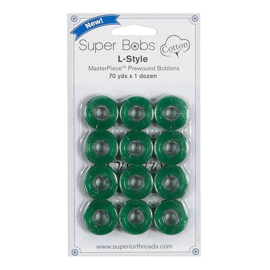Super Bobs Cotton #130 Kelli Green (L-Style) 12 pack pre-wound bobbins.