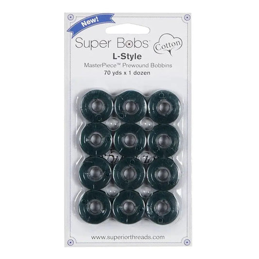 Super Bobs Cotton #165 Rafael (L-Style) 12 pack pre-wound bobbins.