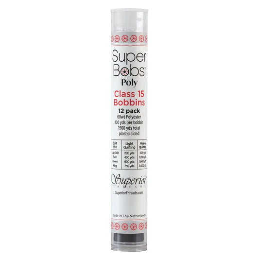 Super Bobs Poly Monochrome (Class 15) 12 pack pre-wound bobbins.
