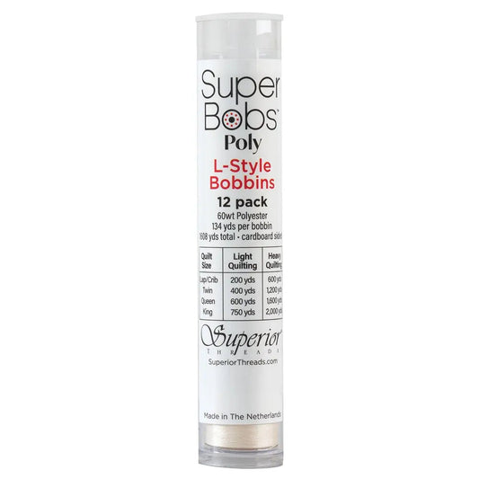Super Bobs Poly Neutral (L-Style) 12 pack pre-wound bobbins.