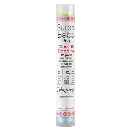 Super Bobs Poly Rainbow (Class 15) 12 pack pre-wound bobbins.