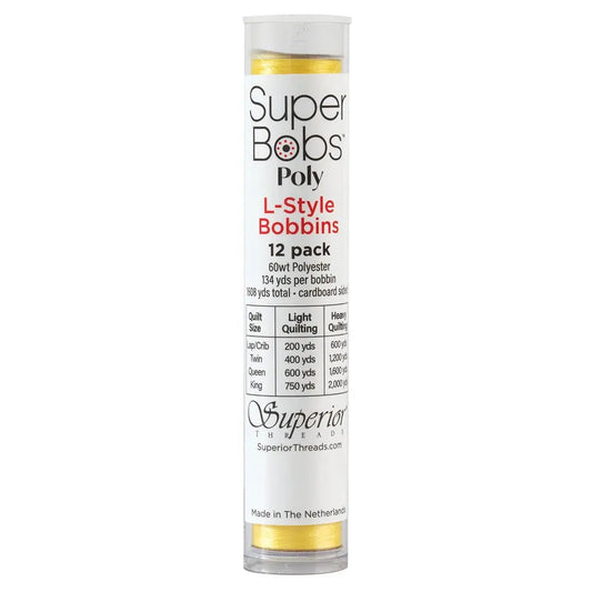 Super Bobs Poly #601 Yellow (L-Style) 12 pack pre-wound bobbins.