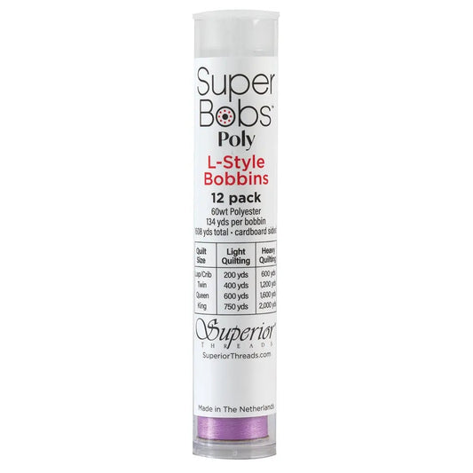 Super Bobs Poly #607 Light Purple (L-Style) 12 pack pre-wound bobbins.