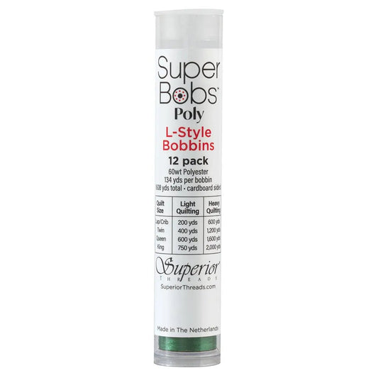Super Bobs Poly #612 Green (L-Style) 12 pack pre-wound bobbins.