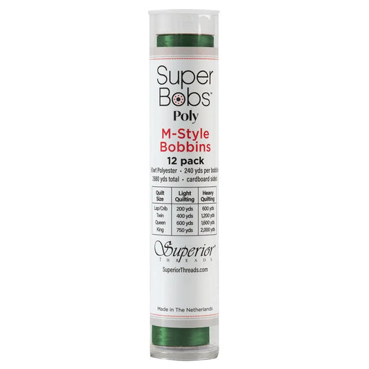 Super Bobs Poly #612 Green (M-Style) 12 pack pre-wound bobbins