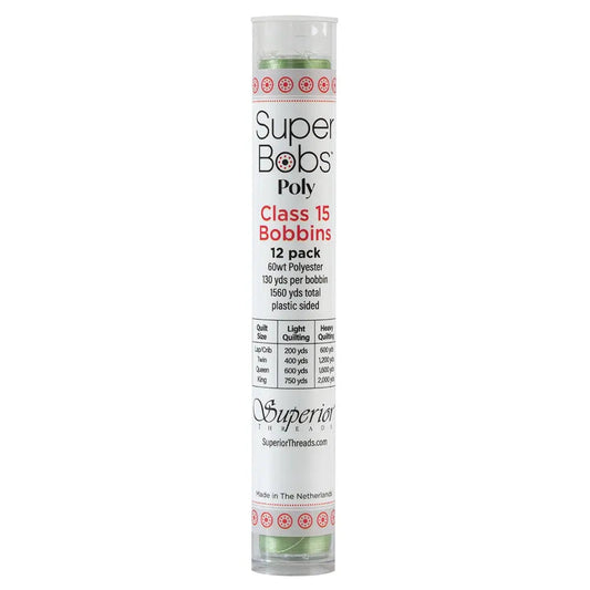 Super Bobs Poly #614 Light Green (Class 15) 12 pack pre-wound bobbins.
