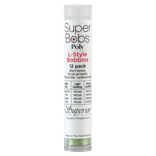 Super Bobs Poly #614 Light Green (L-Style) 12 pack pre-wound bobbins.
