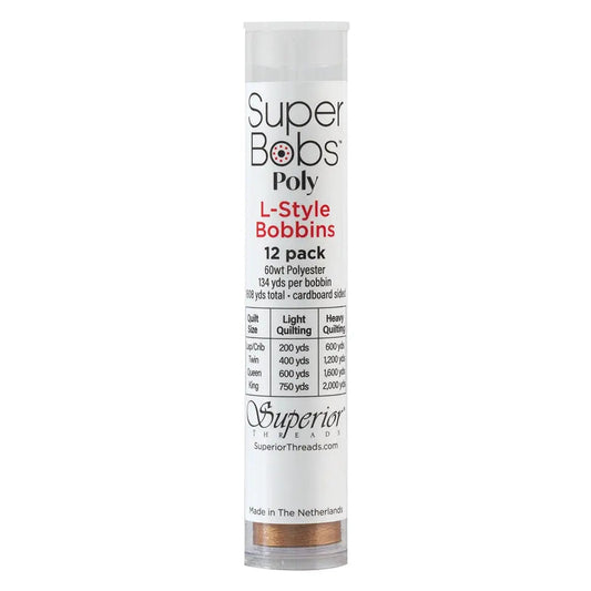 Super Bobs Poly #618 Medium Brown (L-Style) 12 pack pre-wound bobbins.