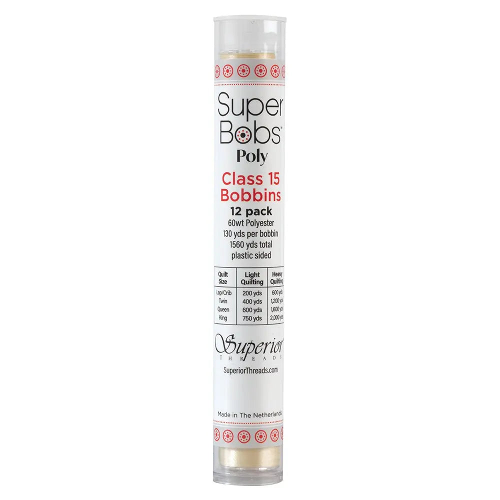 Super Bobs Poly #620 Cream (Class 15) 12 pack pre-wound bobbins.